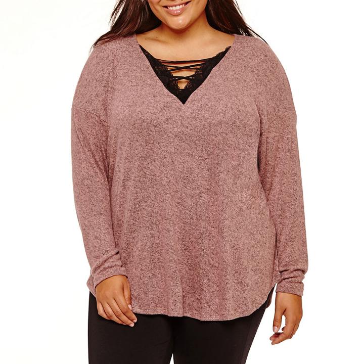 Bold Elements Cozy Lace Up V Neck Knit Blouse - Plus