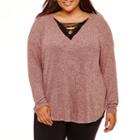 Bold Elements Cozy Lace Up V Neck Knit Blouse - Plus