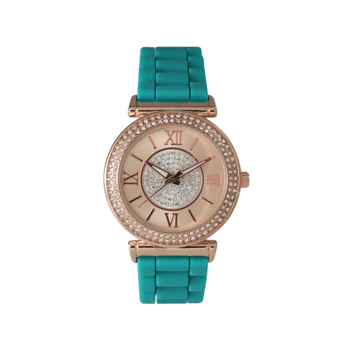 Olivia Pratt Womens Rhinestone Bezel Goldtone And Rhinestone Dial Teal Silicone Watch 40034teal