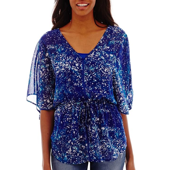 A.n.a Elbow-sleeve V-neck Peasant Top- Petite