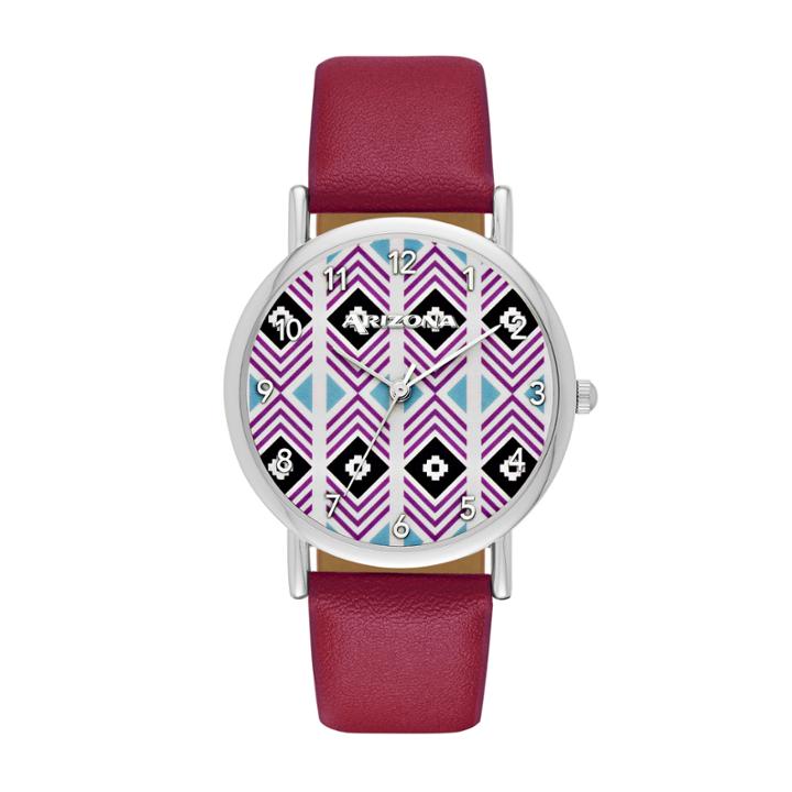 Arizona Womens Silver Tone Aztec Dial Maroon Strap Watch