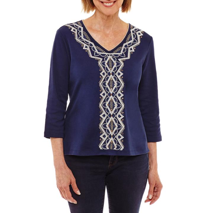 Alfred Dunner Gypsy Moon 3/4 Sleeve V Neck T-shirt-womens Petites