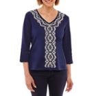 Alfred Dunner Gypsy Moon 3/4 Sleeve V Neck T-shirt-womens Petites