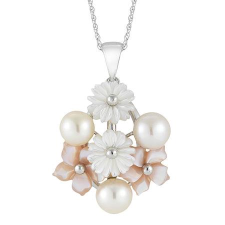 Cultured Freshwater Pearl & Mother-of-pearl Floral Pendant Necklace