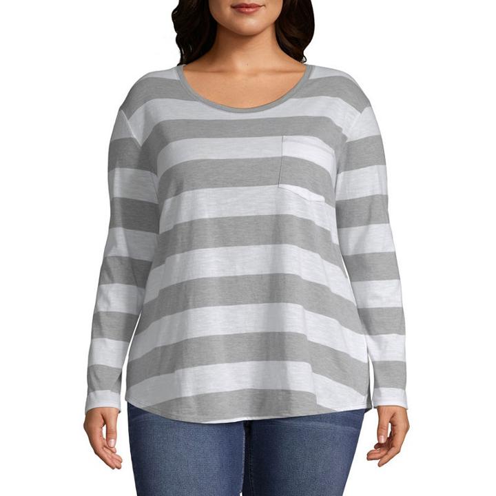 A.n.a Long Sleeve Stripe Pocket T-shirt - Plus