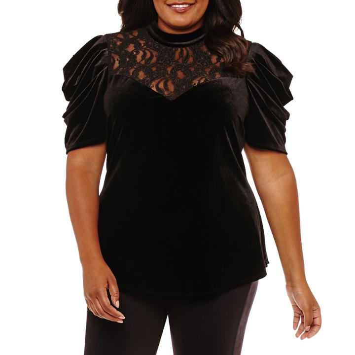 Bisou Bisou Long Sleeve Crew Neck Velvet Blouse-plus