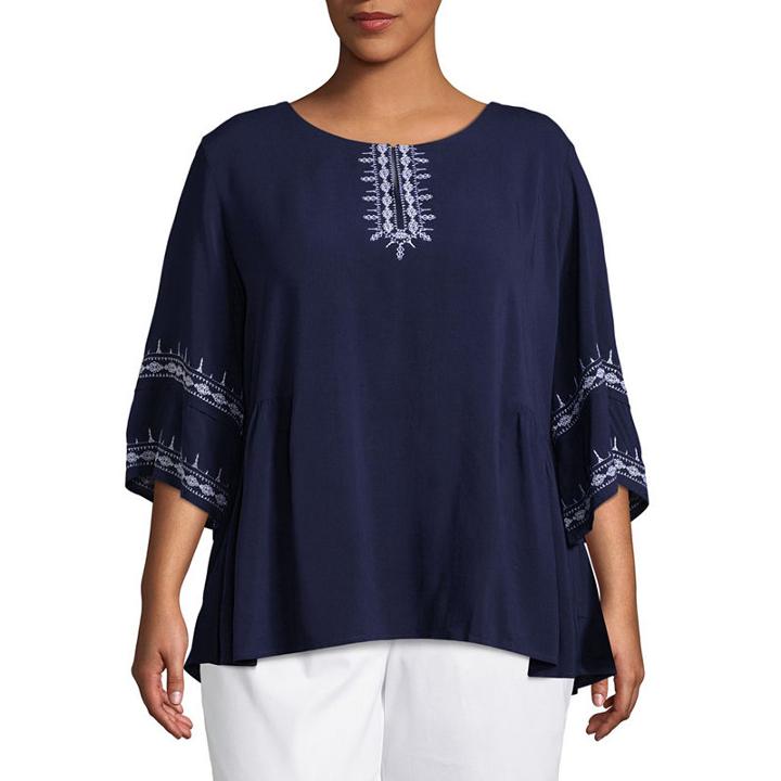 Liz Claiborne Embroidered Peasant Top- Plus