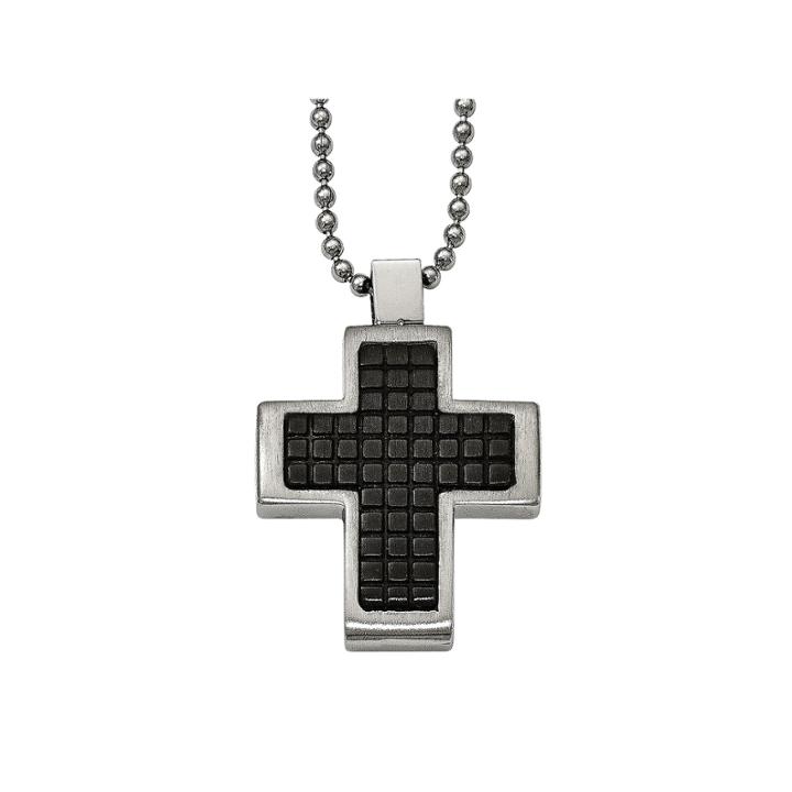 Mens Stainless Steel Black Ion-plated Textured Cross Pendant