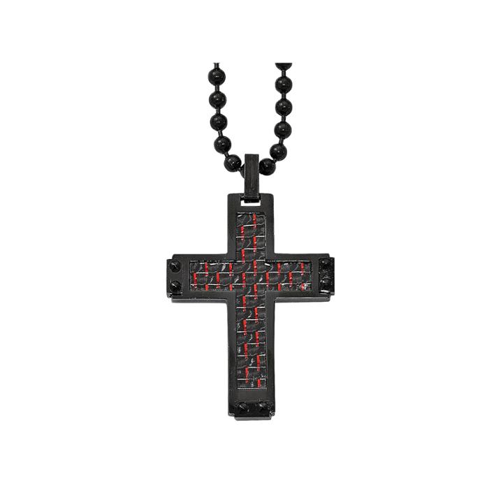 Mens Stainless Steel Black & Red Carbon Fiber Cross Pendant