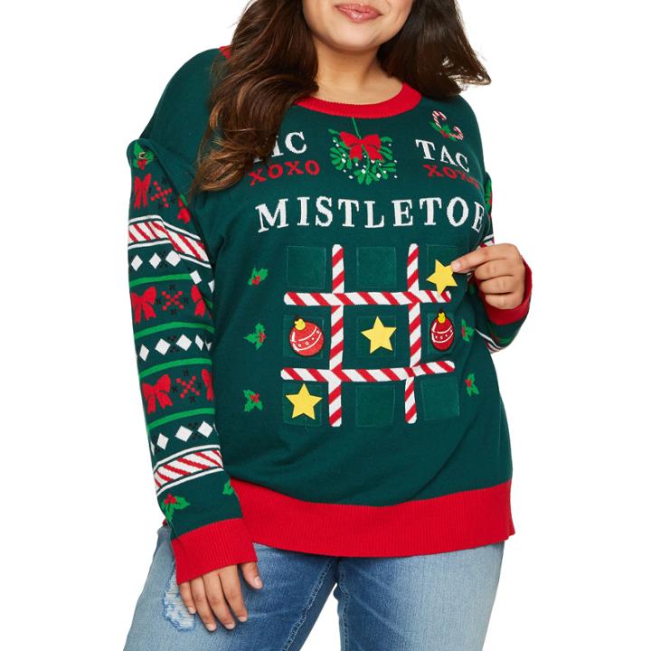 Mistletoe Tic Tac Toe Game Sweater With Velcro Game Pieces-juniors Plus