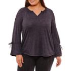 Liz Claiborne Long Tie Sleeve Split Crew Neck T-shirt-womens Plus