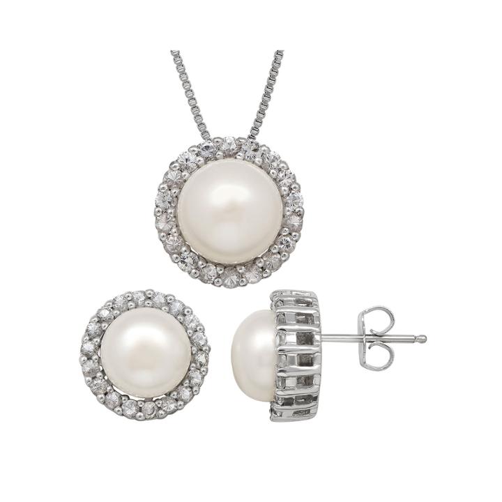 Cultured Freshwater Pearl And White Topaz Earring And Necklace Set