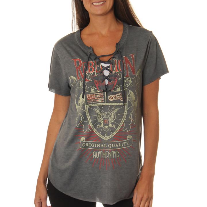 Freeze Juniors' Rebellion Crest Lace-up Washed Short Sleeve Graphic T-shirt