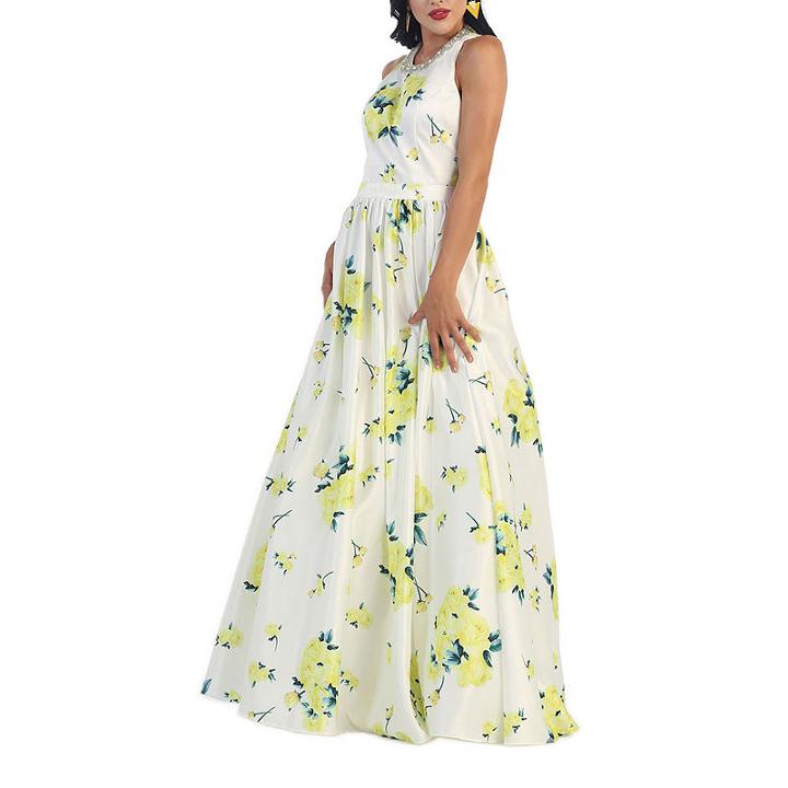 Sleeveless Floral Print Evening Gown With Pockets