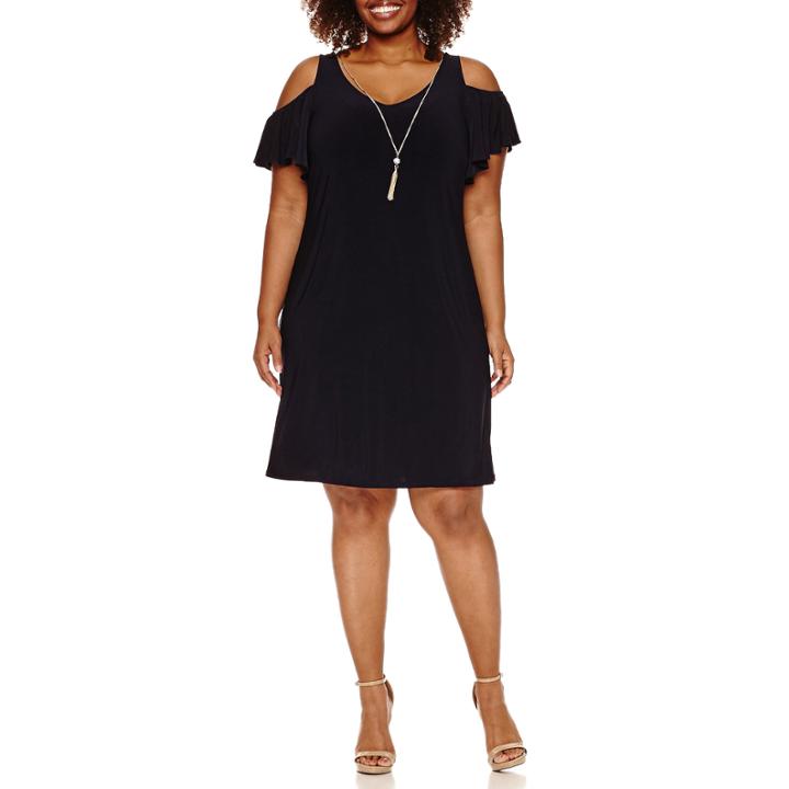 Msk Short Sleeve Cold Shoulder Sheath Dress With Necklace-plus