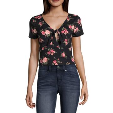 Cut And Paste Short Sleeve V Neck Knit Blouse-juniors