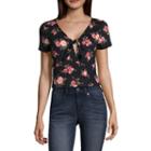 Cut And Paste Short Sleeve V Neck Knit Blouse-juniors