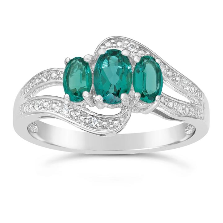 Womens Lab Created Emerald Sterling Silver 3-stone Ring