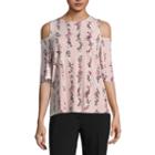 Worthington Elbow Sleeve Scoop Neck Floral T-shirt-womens