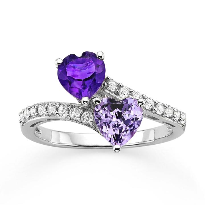Genuine Amethyst & Lab-created White Sapphire Double Heart Bypass Ring In Sterling Silver