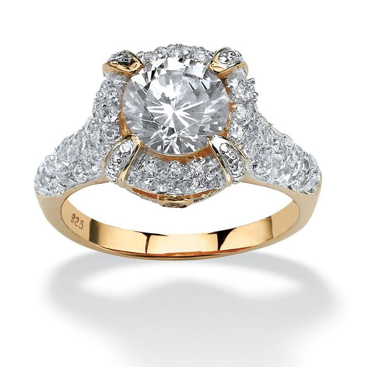 Diamonart Womens 3 Ct. T.w. Round White Cubic Zirconia 18k Gold Over Silver Engagement Ring