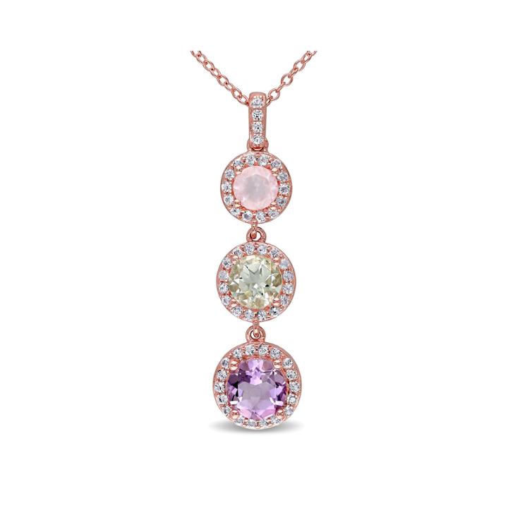 Genuine Rose De France Amethyst, Green And Pink Quartz Pendant Necklace