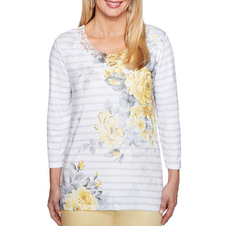 Alfred Dunner Charleston 3/4 Sleeve Crew Neck Stripe T-shirt-womens