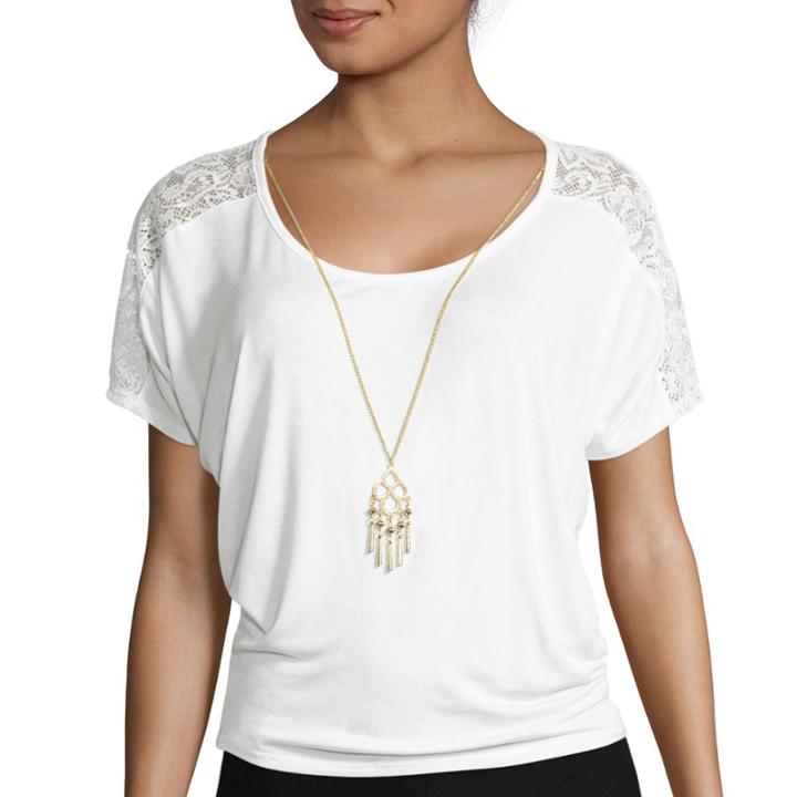 By & By Short-sleeve Lace Shoulder Necklace Top