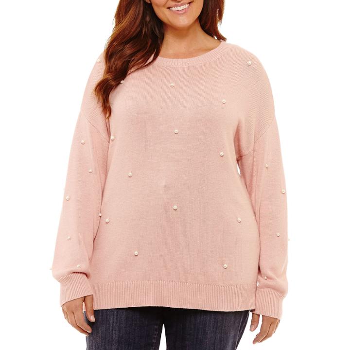St. John's Bay Long Sleeve Beaded Pearl Sweater-plus