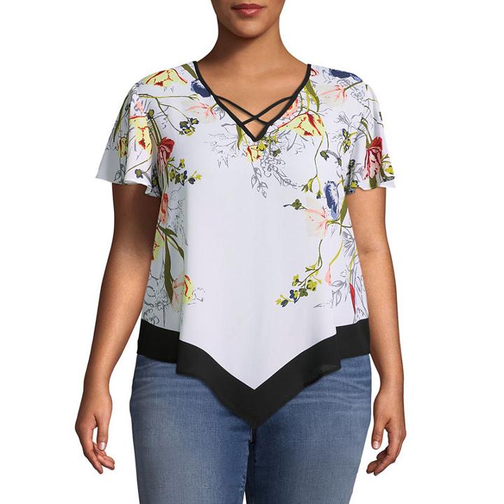 Heart N Soul Short Sleeve V Neck Woven Floral Blouse-juniors Plus