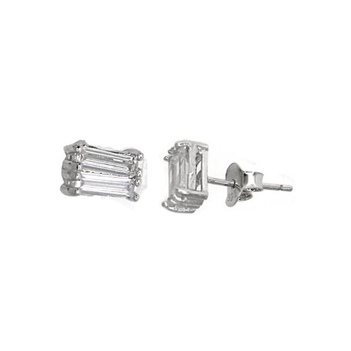 Sterling Silver Rhodium 2x6mm Baguette-cut Cubic Zirconia Stud Earring