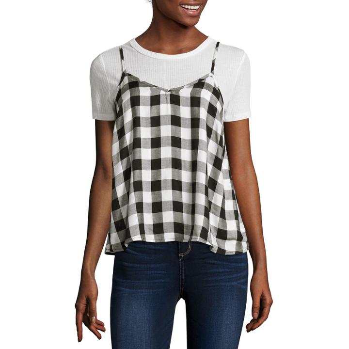 Self Esteem Short-sleeve Buffalo Plaid Layered Top - Juniors