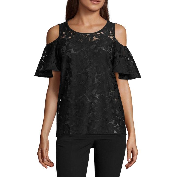 Worthington Short Sleeve Cold Shoulder Lace Top