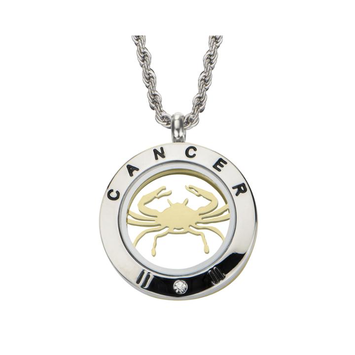 Cancer Zodiac Reversible Two-tone Stainless Steel Locket Pendant Necklace