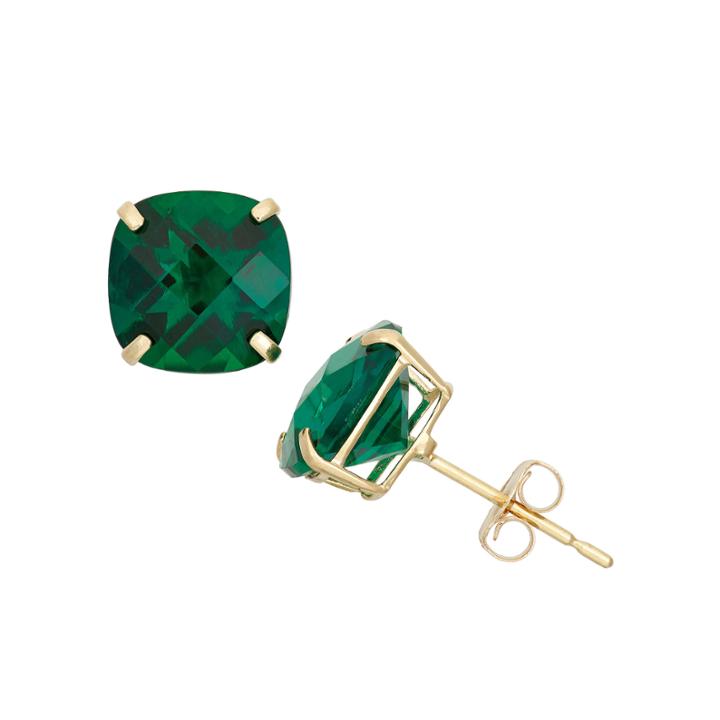 Cushion Green Emerald 10k Gold Stud Earrings