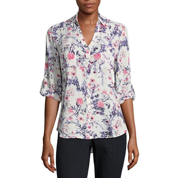 By & By Elbow Sleeve V Neck Dobby Blouse-juniors