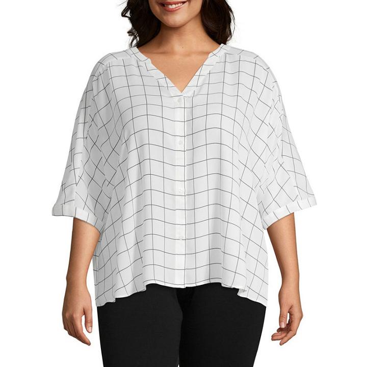 Worthington Short Sleeve Y Neck Geometric T-shirt-womens Plus