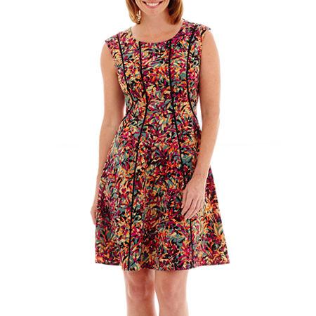 London Style Collection Cap-sleeve Piped Fit-and-flare Dress - Petite