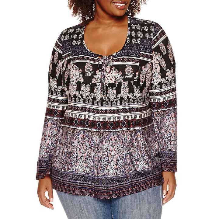Unity Long-sleeve Printed Peasant Top With Ties - Plus
