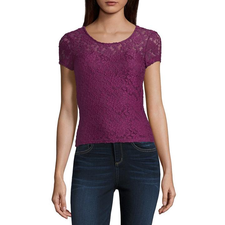 Almost Famous Short Sleeve Crew Neck Lace Blouse-juniors
