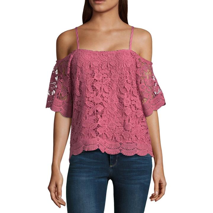 Miss Chievous Elbow Sleeve Straight Neck Lace Blouse-juniors