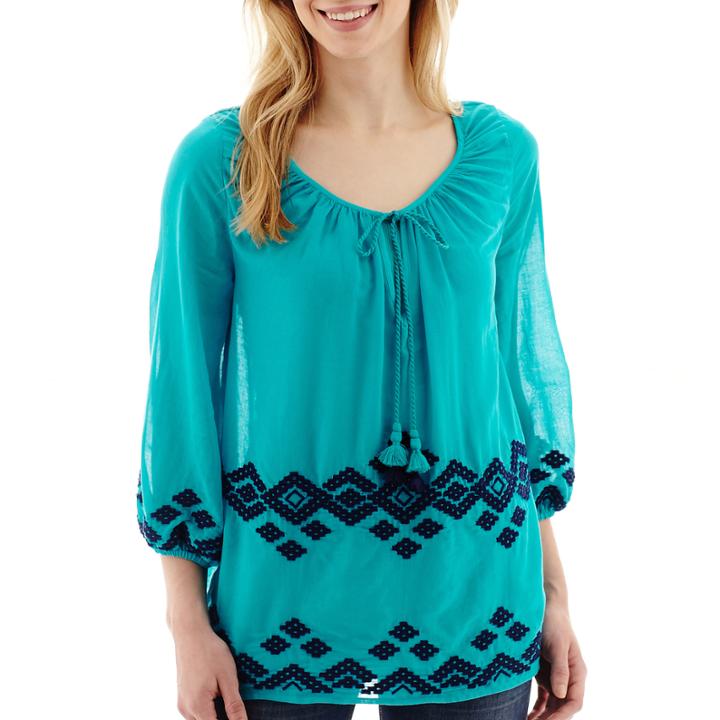 Stylus&trade; 3/4-sleeve Embroidered Gauze Peasant Top- Petite