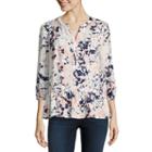 Liz Claiborne 3/4 Sleeve Split Crew Neck Woven Embroidered Blouse-tall