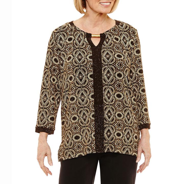 Alfred Dunner Deck The Halls 3/4 Sleeve Keyhole Neck T-shirt-womens