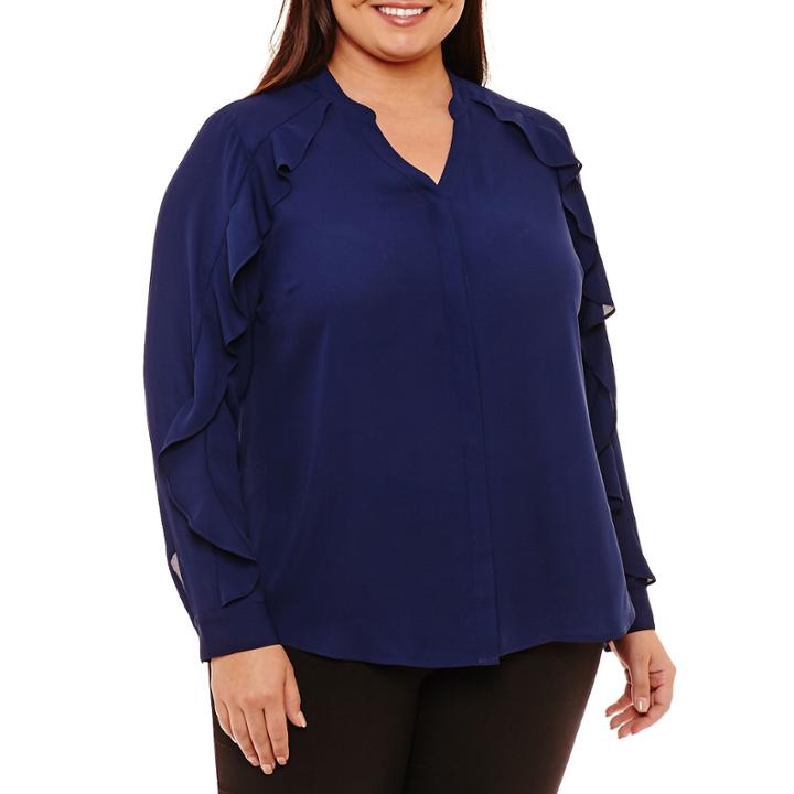 Worthington Long Sleeve Scoop Neck Woven Stripe Blouse-plus