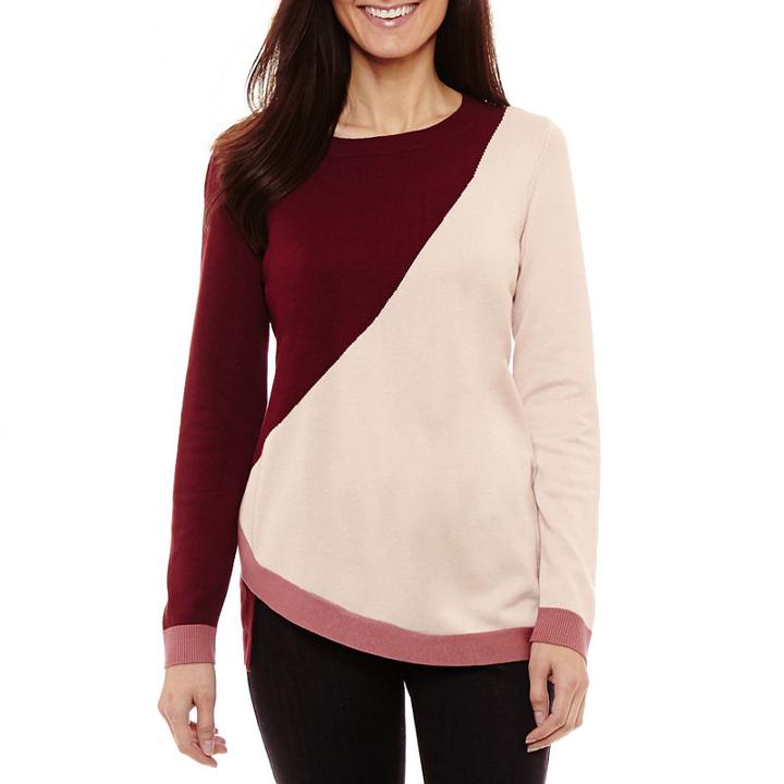Liz Claiborne Long Sleeve Crew Neck Abstract Pullover Sweater-petite