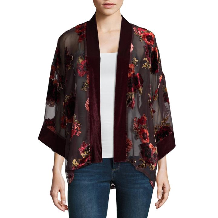 Eyeshadow 3/4 Sleeve Velvet Floral Blouse-juniors