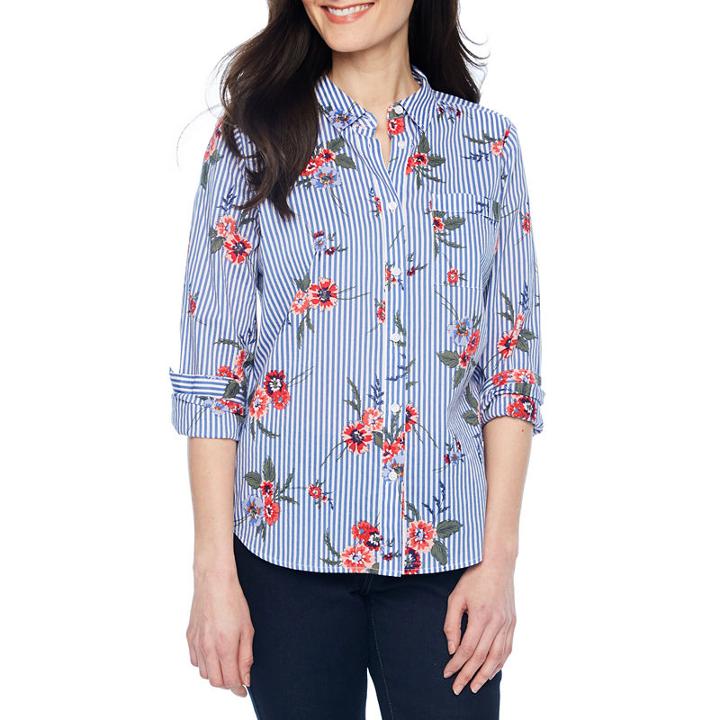 Liz Claiborne Loose Fit Long Sleeve Button-front Shirt-petites