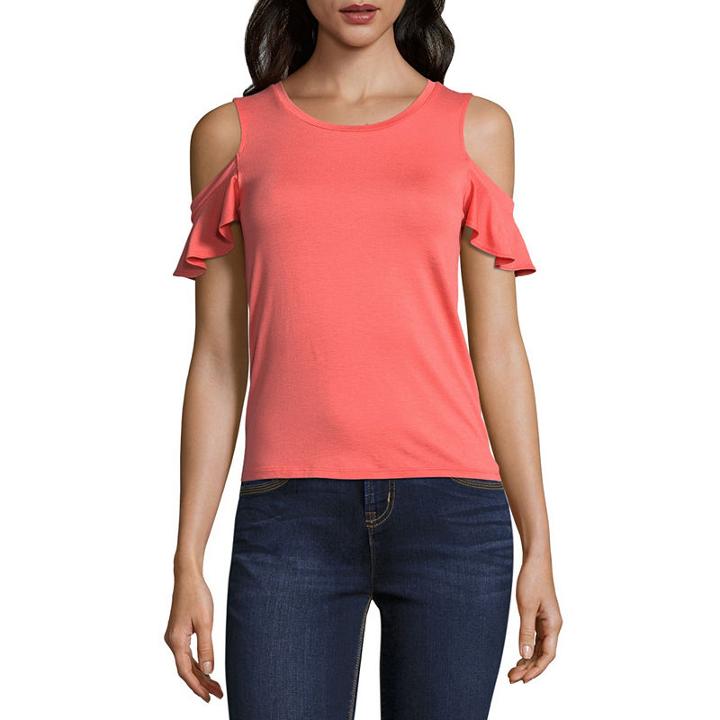 Arizona Cold Ruffle Shoulder Knit T-shirt-womens Juniors