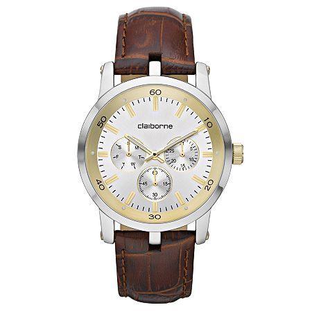 Claiborne Mens Multifunction Brown Leather Watch